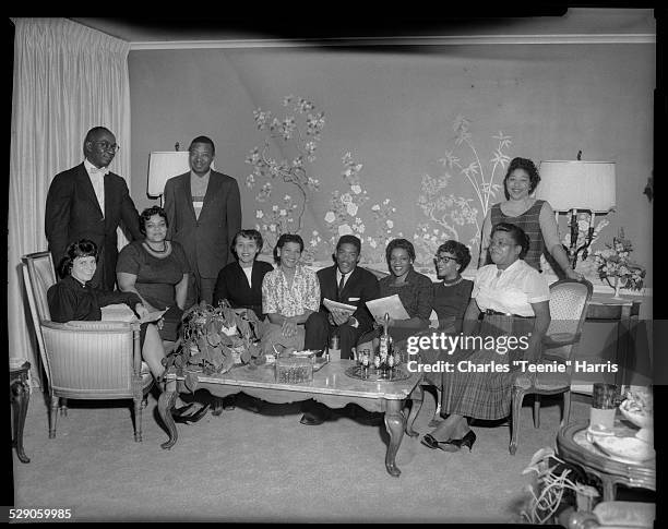 Group portrait of NAACP membership drive workers, from left: Mina Kavaler, Charles Hoston, Lorenda Tyler, Willis Walker, Barbara Murphy, Anna Mae...