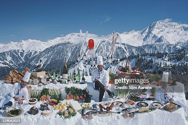 Courchevel restaurant chefs Jean Jacob of 'Le Bateau Ivre', Michel Rochedy of 'Le Chabichou', and Albert Parveaux of 'Pralong 2000', Courchevel,...