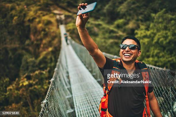 hiker's selfie - nepal man stock pictures, royalty-free photos & images