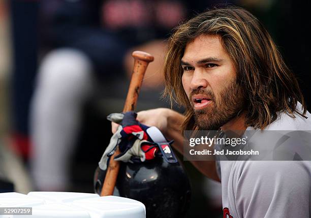 Johnny Damon of the Boston Red Sox looks on against the Oakland Athletics during an MLB game at McAfee Coliseum on May 17, 2005 in Oakland,...