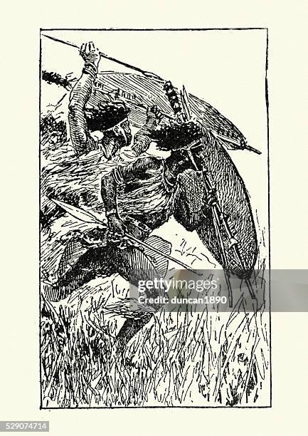 zulu warriors charging, 19th century - african warrior stock illustrations