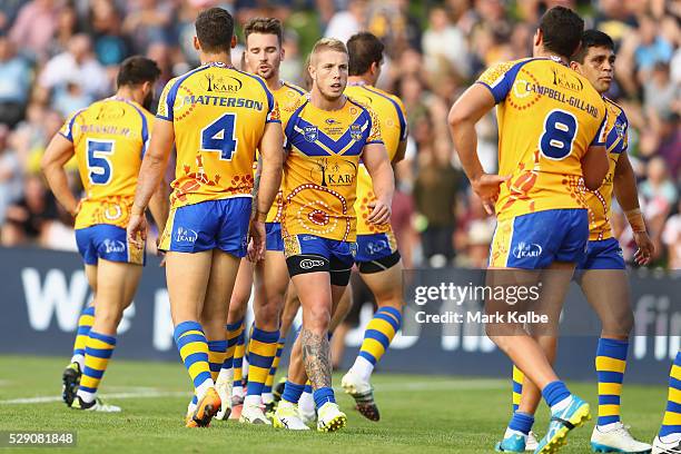 Aaron Gray of City celebrates with his team mates after scoring a try during the NSW Origin match between City and Country at Scully Park on May 8,...