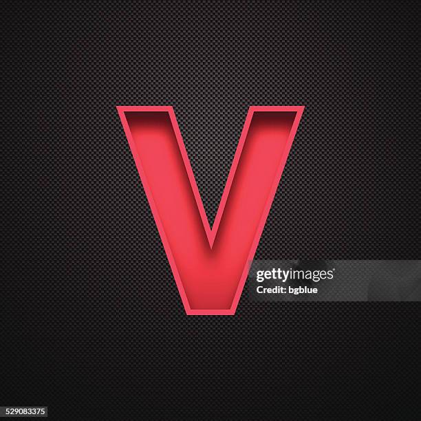 alphabet v design - red letter on carbon fiber background - letter v stock illustrations
