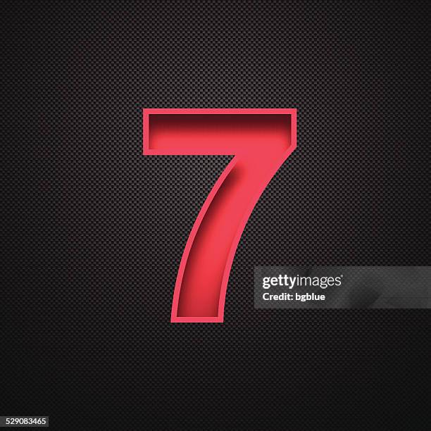 bildbanksillustrationer, clip art samt tecknat material och ikoner med number 7 design (seven). red number on carbon fiber background - seventh