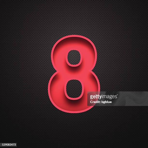 number 8 design (eight). red number on carbon fiber background - eighth stock illustrations