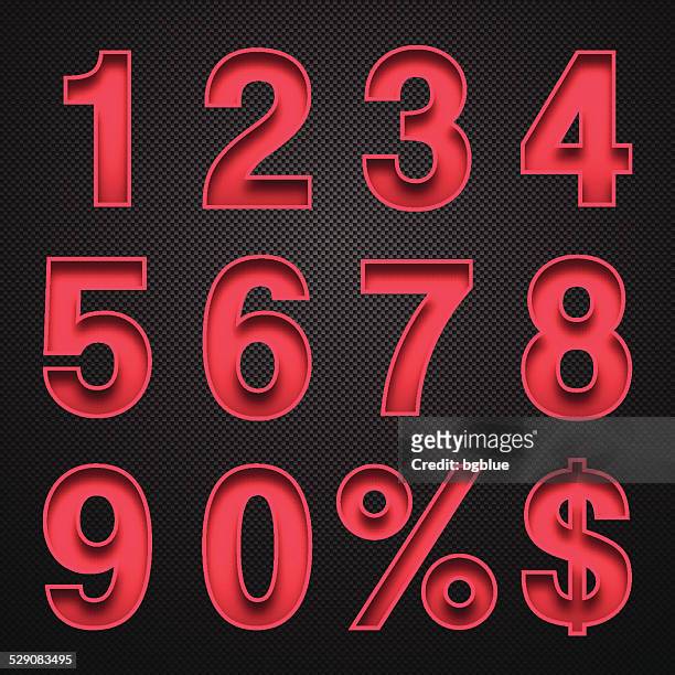 numbers design - red numbers on carbon fiber background - three dimensional stock illustrations