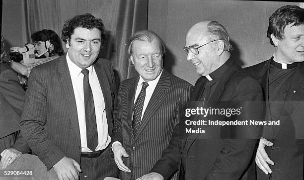 Fianna Fail leader Charlie Haugjhey, TD with John Hume and Fr Edward Daly at the New Ireland Forum meeting held in Dublin Castle circa Feb1984 .