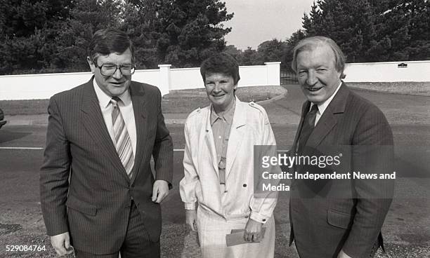 Fianna Fail leader Charles Haughey, TD and his wife Maureen casting their votes in the Divorce Referendum at Kinsealy NS. On left is Ray Burke, TD....