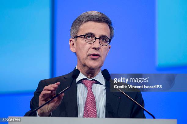 Jerome Contamine, Sanofi CFO, speaks in the general shareholders meeting of Sanofi, French multinational pharmaceutical company on May 4, 2016 in...