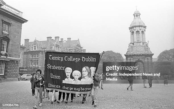 Students from Trinity College pictured in protest against the delay in receiving their grant. They also occupied the Dublin County Council offices...