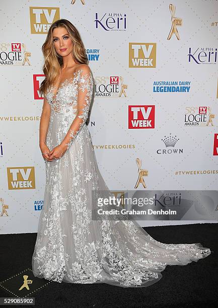 Delta Goodrem arrives at the 58th Annual Logie Awards at Crown Palladium on May 8, 2016 in Melbourne, Australia.