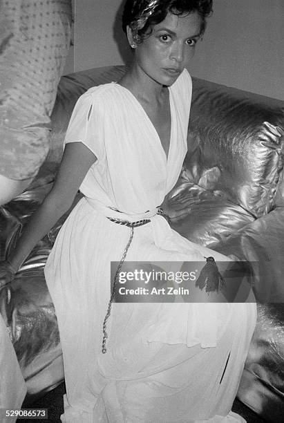 Bianca Jagger in Grecian-style formal dress; circa 1960; New York.