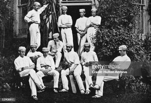 Team portrait of the Harrow School cricket team in 1866. Back row from left, Henry H Montgomery, T Hartley, Walter B Money and Charles J Smith....