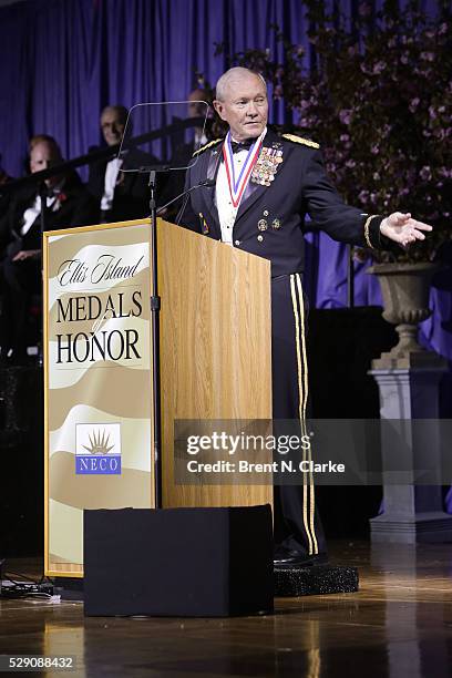 Chairman of the Joint Chiefs of Staff/medal of honor recipient General Martin Dempsey speaks on stage during the 2016 Ellis Island Medals of Honor...