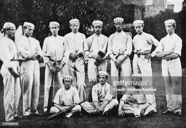 Team portrait of the Harrow school cricket team in 1865. Standing, from left, Hon. Josceline G Amherst, C L Arkwright, John M Richardson, Henry H...