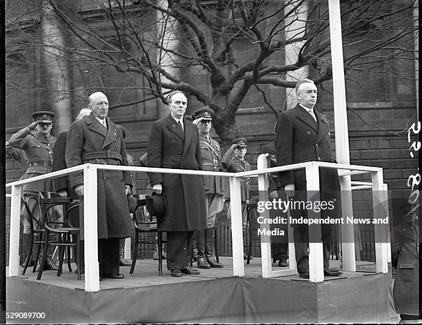 An Taoiseach Mr J A Costello and members of the government taking the salute at College Green Dublin, .