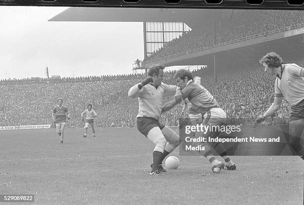 Dublin marksman Jimmy keaveny in a race for the ball with Kerry's John O'Keeffe in the 1976 All-Ireland football final at Croke Park, .