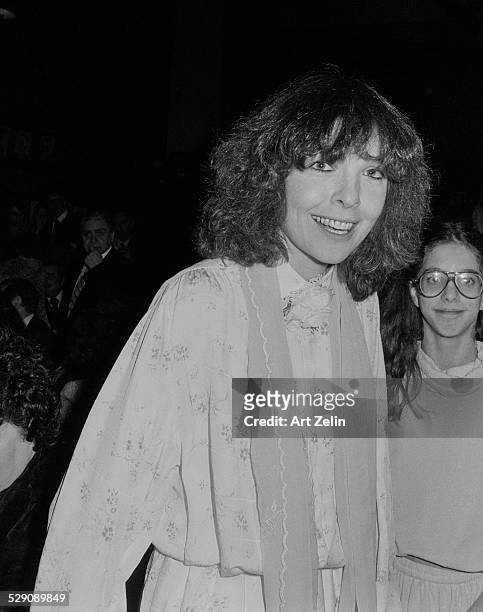 Diane Keaton wearing a flowered blouse and scarf; circa 1970; New York.