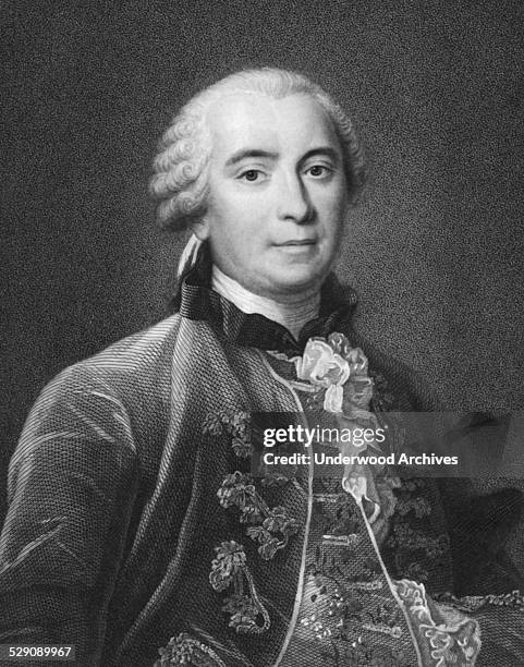 Portrait engraving of mathematician, cosmologist and naturalist Georges-Louis Lecler, later known as Comte de Buffon, Paris, France, circa 1750.