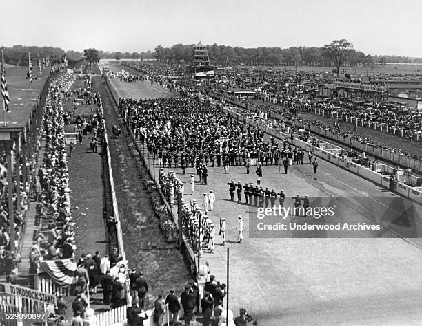 View of the crowd and ceremonies at the Indy 500 race today, won by Louis Meyer driving a Miller Special at 99.4 mph, Indianapolis, Indiana, May 30,...