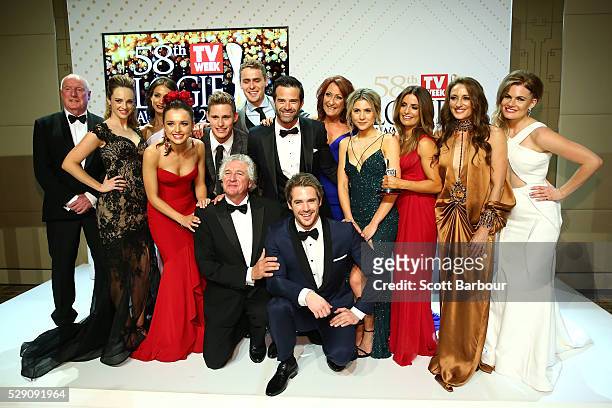Home and Away cast members pose with the Logie Award for Best Drama Program during the 58th Annual Logie Awards at Crown Palladium on May 8, 2016 in...