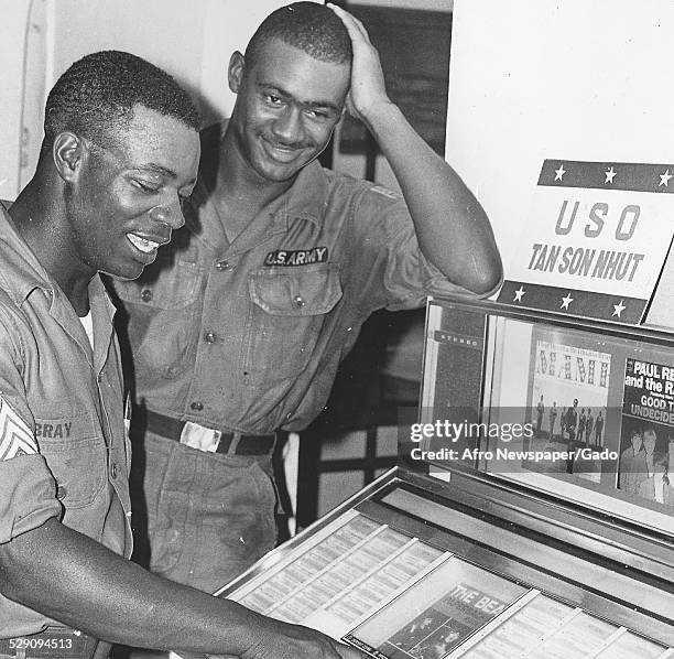 African-American soldiers at a USO building during the Vietnam War, Tan Son Nhut, Vietnam, May 2, 1967.
