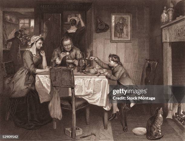 Scottish engineer and inventor James Watt as a young boy sits at a dining room table with his parents, James Henry Watt and Agnes Muirhead Watt , and...