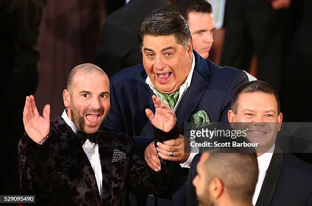 George Calombaris, Matt Preston and Gary Mehigan gesture as they arrive at the 58th Annual Logie Awards at Crown Palladium on May 8, 2016 in...