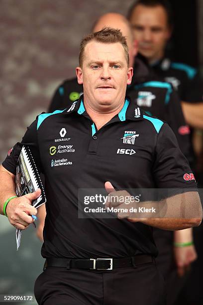 Michael Voss of the Power walks to the field of play at the quarter-time break during the round seven AFL match between the Port Adelaide Power and...