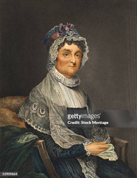 Hand-tinted engraved portrait of American First Lady and author Abigail Adams , late 18th Century. She is best known for letters she wrote to her...