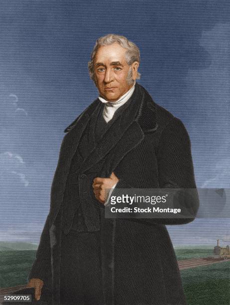 Hand-tinted engraved portrait of English engineer and inventor George Stephenson as he stands outdoors with his thumb locked behind his coat lapel,...