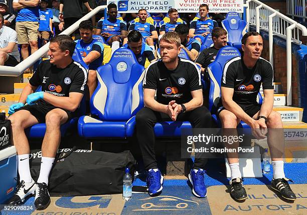 Grant McCann manager of Peterborough United looks on from the bench prior to the Sky Bet League One match between Peterborough United and Blackpool...