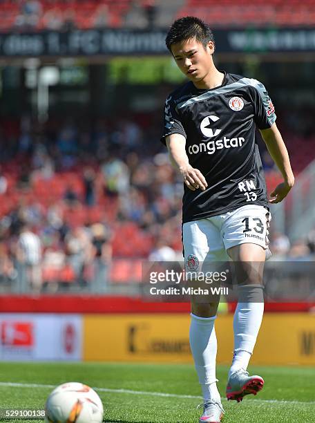 Ryo Miyaichi of Hamburg warms up prior to the Second Bundesliga match between 1. FC Nuernberg and FC St. Pauli at Grundig-Stadion on May 8, 2016 in...