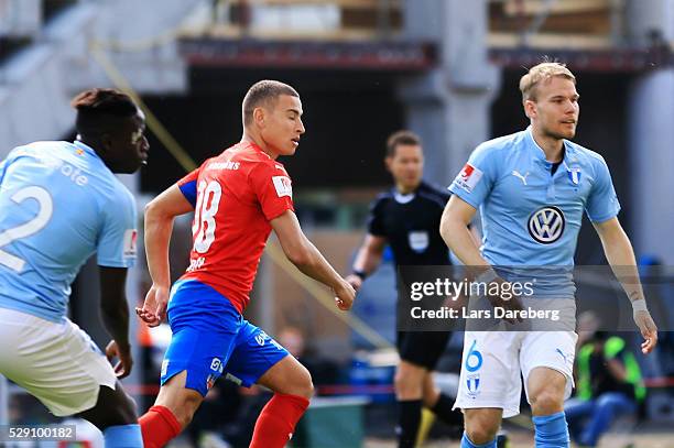 Jordan Larsson of Helsingborgs IF after scores the opening goal to 1-0 during the Allsvenskan match between Helsingborgs IF and Malmo FF at Olympia...