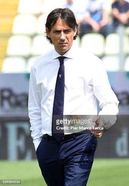 Head Coach of SS Lazio Simone Inzaghi looks during the Serie A match between Carpi FC and SS Lazio at Alberto Braglia Stadium on May 8, 2016 in...