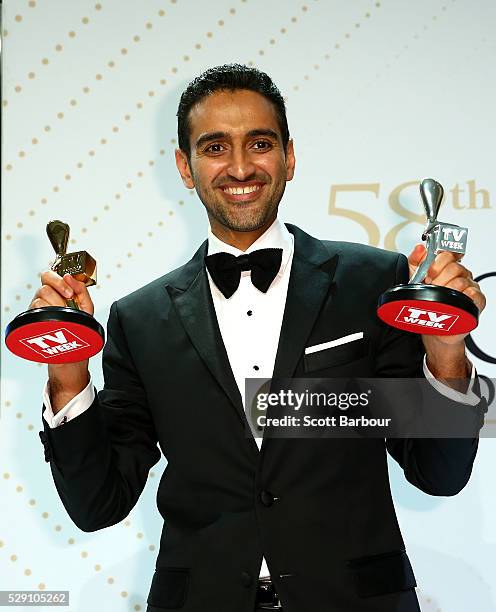 Waleed Aly poses with the Gold Logie Award for Best Personality On Australian TV and Silver Logie for Best Presenter 'The Project' during the 58th...