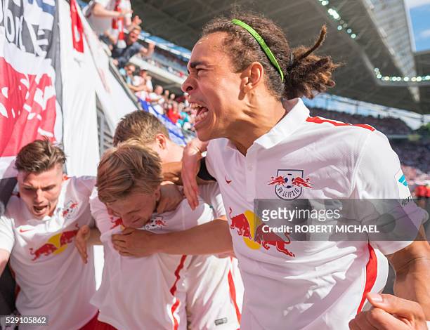 Leipzig��s Marcel Sabitzer, Emil Forsberg and Yussuf Poulsen celebrate after scoring the first goal with his team-mate Marcel Sabitzer during the...