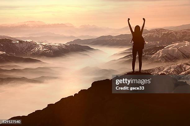 woman silhouette at sunset  on hill - 在頂部 個照片及圖片檔