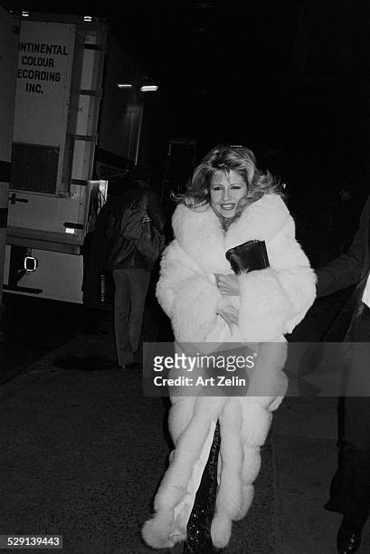 Pia Zadora wearing a long white fur coat; circa 1970; New York.