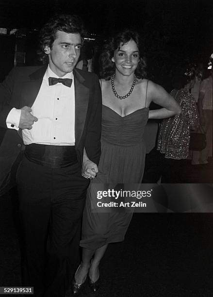 Actors Griffin Dunne and Brooke Adams attend an unspecified event, New York, 1980s.