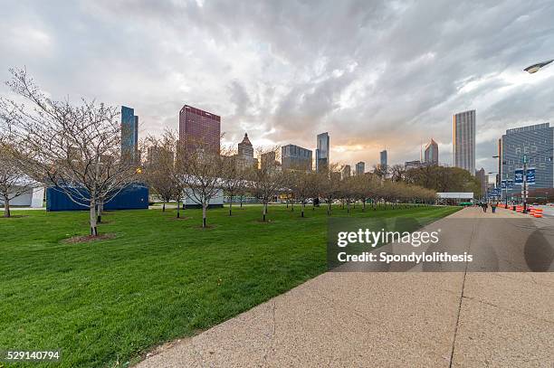 chicago sunset skyline - adler planetarium and chicago skyline panorama stock pictures, royalty-free photos & images