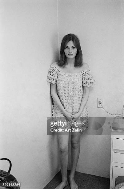 Jacqueline Bisset wearing a crochet dress; circa 1970; New York.