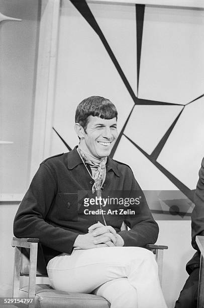 Leonard Nimoy miked for interview; circa 1970; New York.