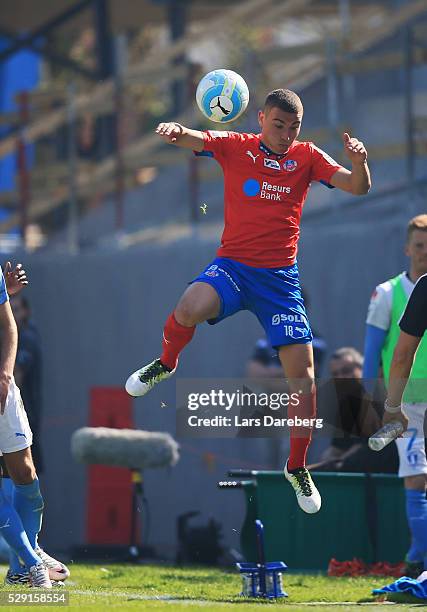 Jordan Larsson of Helsingborgs IF shoots a header during the Allsvenskan match between Helsingborgs IF and Malmo FF at Olympia on May 8, 2016 in...