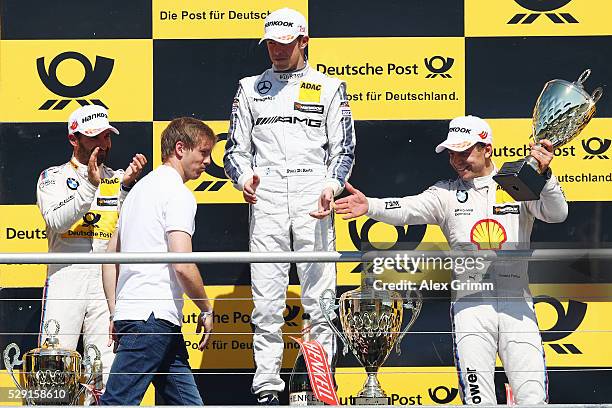 Winner Paul di Resta, second placed Timo Glock and third placed Augusto Farfus celebrate with TSG Hoffenheim head coach Julian Nagelsmann after race...