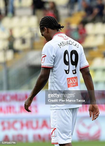 Jerry Mbakogu of Carpi FC disappointed for the defeat at the end of the Serie A match between Carpi FC and SS Lazio at Alberto Braglia Stadium on May...