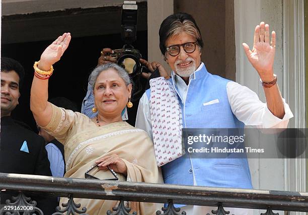 Bollywood actor Amitabh Bachchan along with wife Jaya Bachchan during a grand opening of Kalyan Jewellers showroom at Camac Street, on May 8, 2016 in...