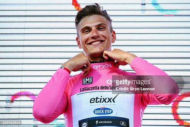 Marcel Kittel of Germany and Etixx Quick-Step takes the race lead after winning stage three of the 2016 Giro d'Italia, after a 190km stage from...