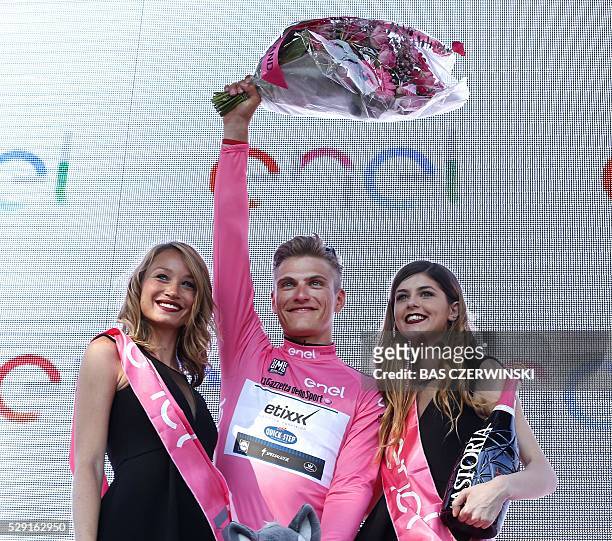 Etixx - Quick Step team's German cyclist Marcel Kittel celebrates on the podium after winning the 3rd stage of the 99th Giro d'Italia, Tour of Italy,...