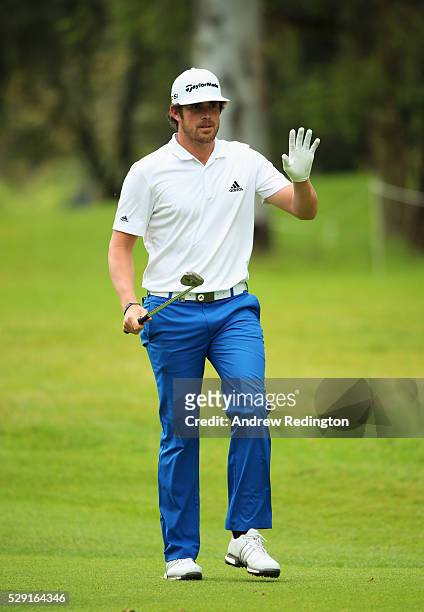 Nacho Elvira of Spain waves to the crowd on the 18th hole during the fourth and final round of the Trophee Hassan II at Royal Golf Dar Es Salam on...